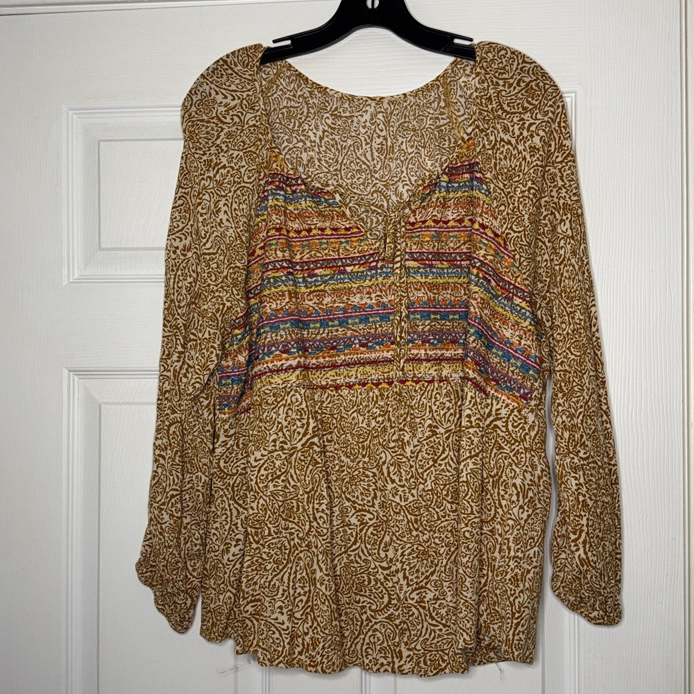 Savanna Jane Tan and Multicolor Boho Blouse